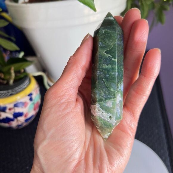 Moss Agate Crystal‎ Double Terminated Point (#10) - Picture 2 of 11